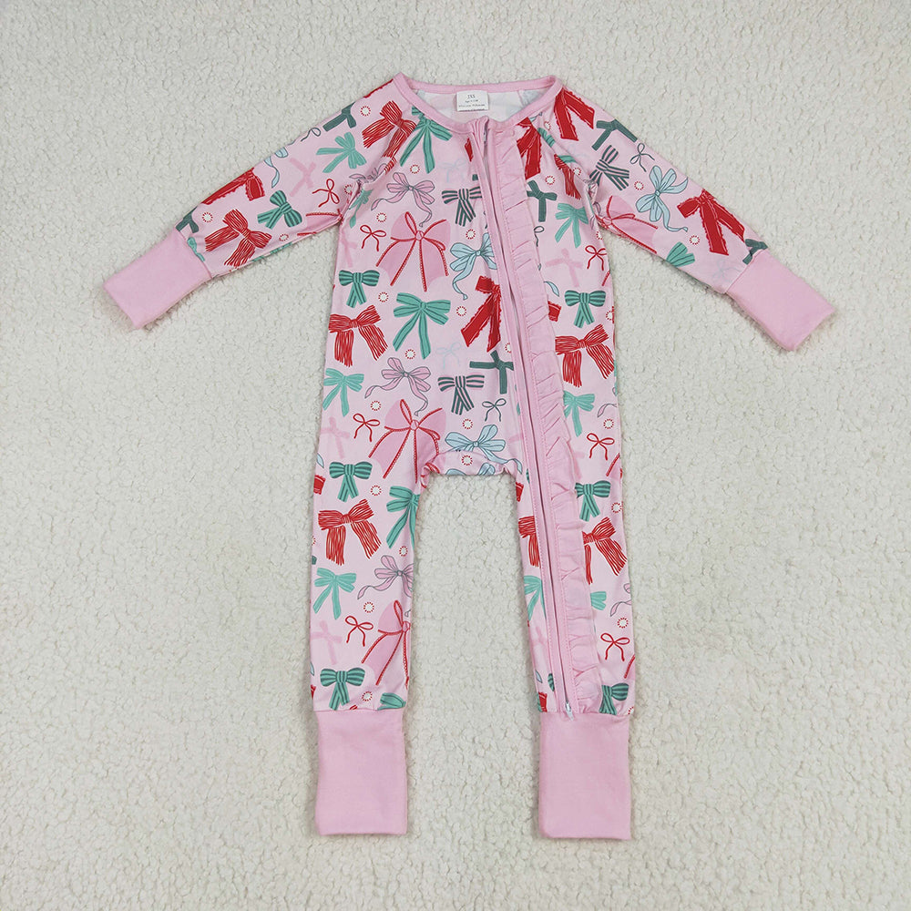 LR2266 Red Green Bows Pink Print Baby Girls Christmas Zipper Sleeper Romper
