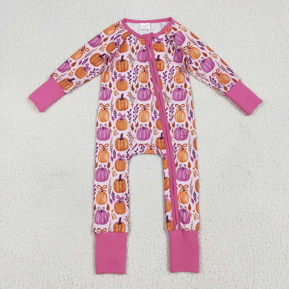 LR2270 Pumpkin Bows Print Baby Girls Fall Zipper Sleeper Romper