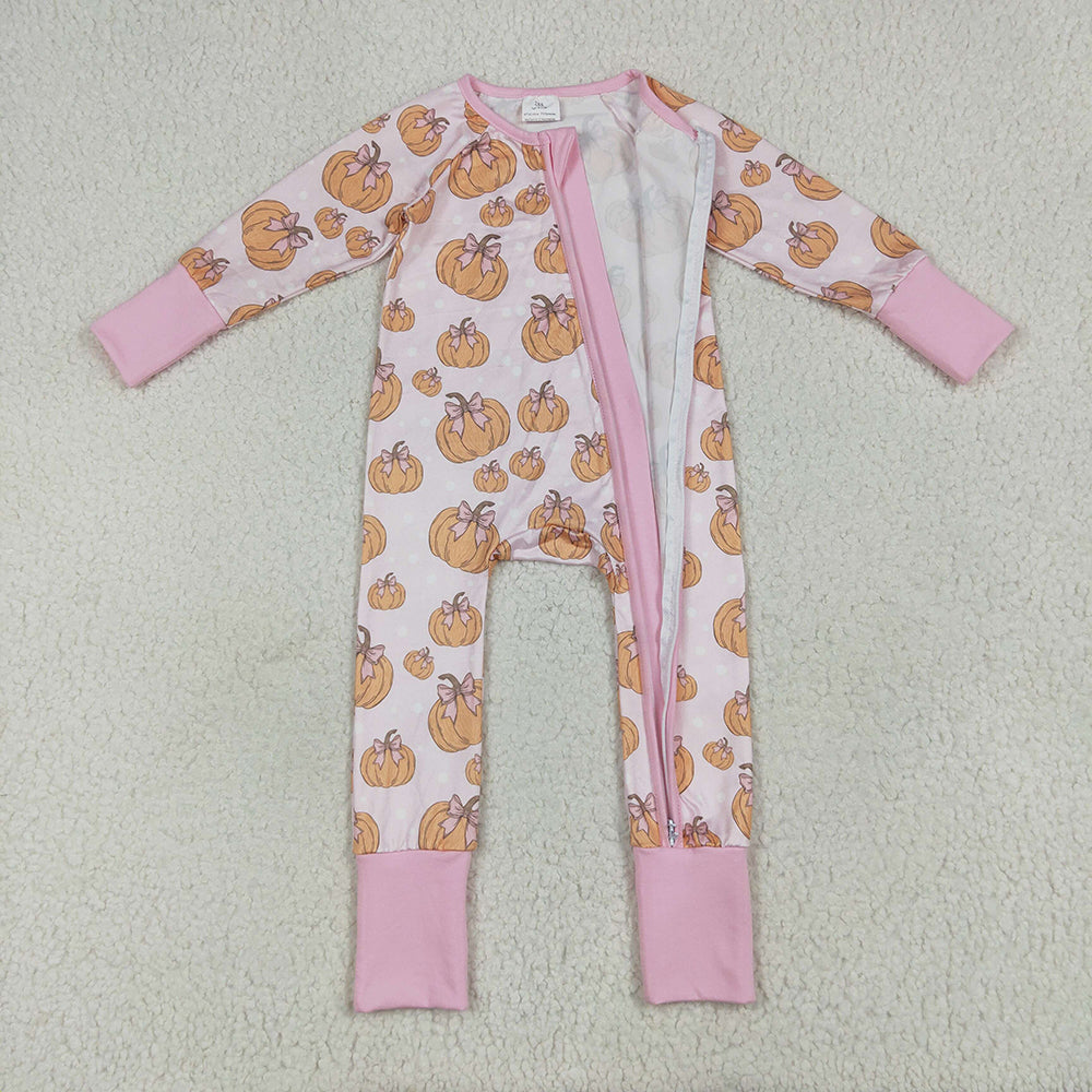 LR2271 Pumpkin Bows Pink Print Baby Girls Fall Zipper Sleeper Romper