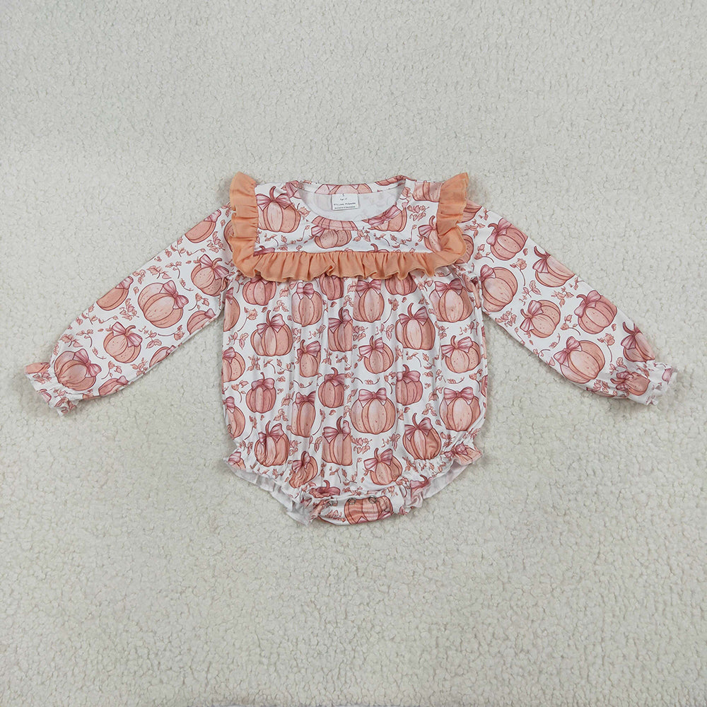 LR2295 Pumpkin Bows Print Baby Girls Fall Romper
