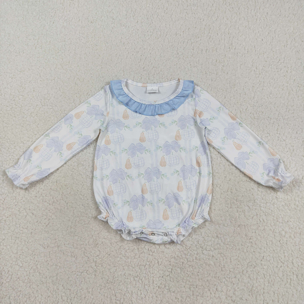 LR2312 Pumpkin Bows Print Baby Girls Fall Romper