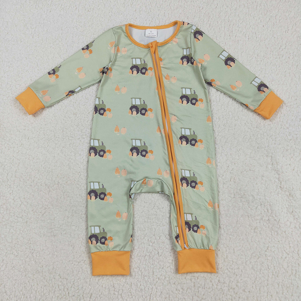 LR2335 Pumpkin Tractor Green Print Baby Boys Fall Zipper Sleeper Romper