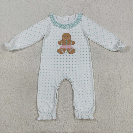 LR2341  Gingerbread Embroidery Dots Baby Girls Christmas Romper