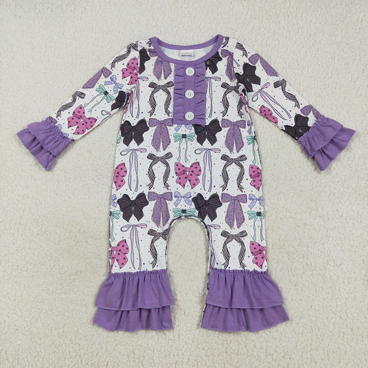 LR2355 Bows Purple Print Baby Girls Halloween Ruffles Romper