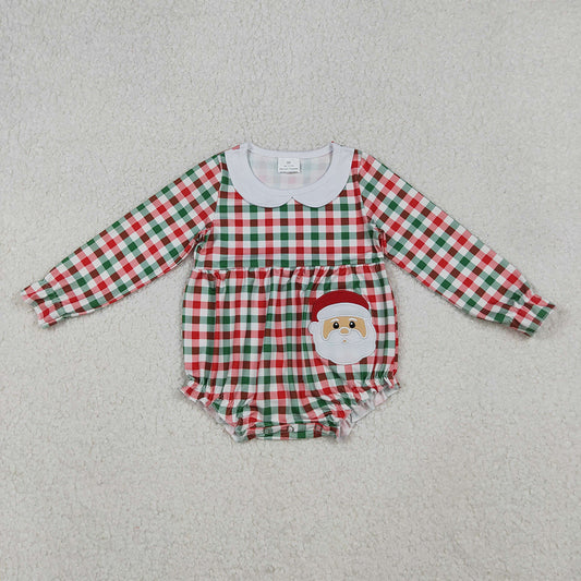 LR2357  Santa Embroidery Checkered Baby Christmas Romper