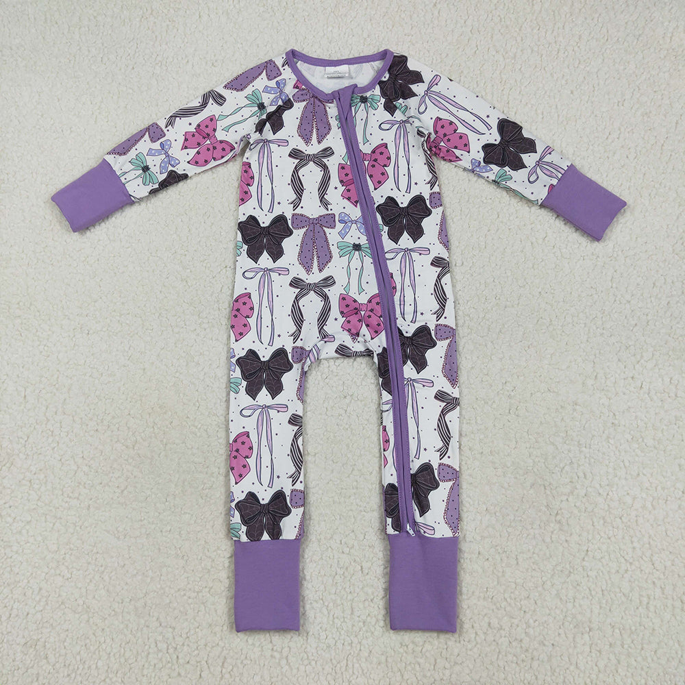 LR2358  Bows Purple Baby Girls Halloween Zipper Sleeper Romper