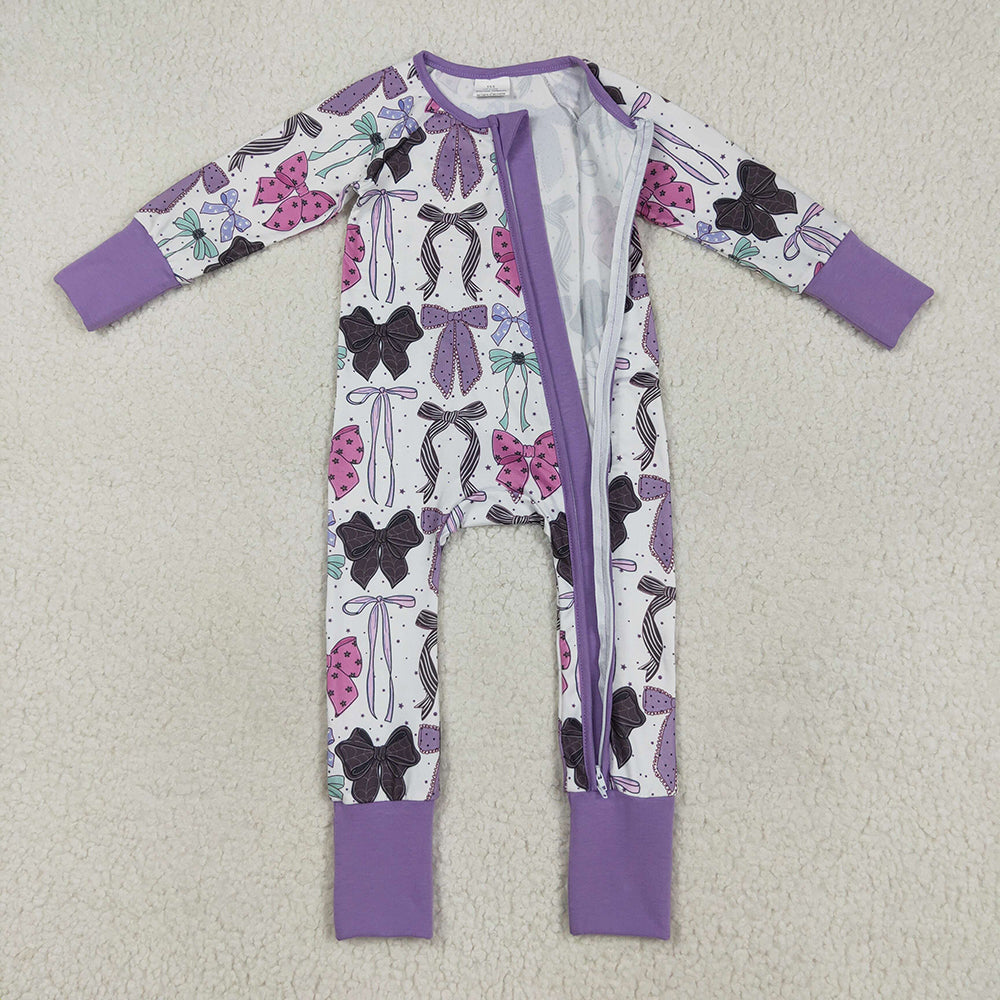 LR2358  Bows Purple Baby Girls Halloween Zipper Sleeper Romper