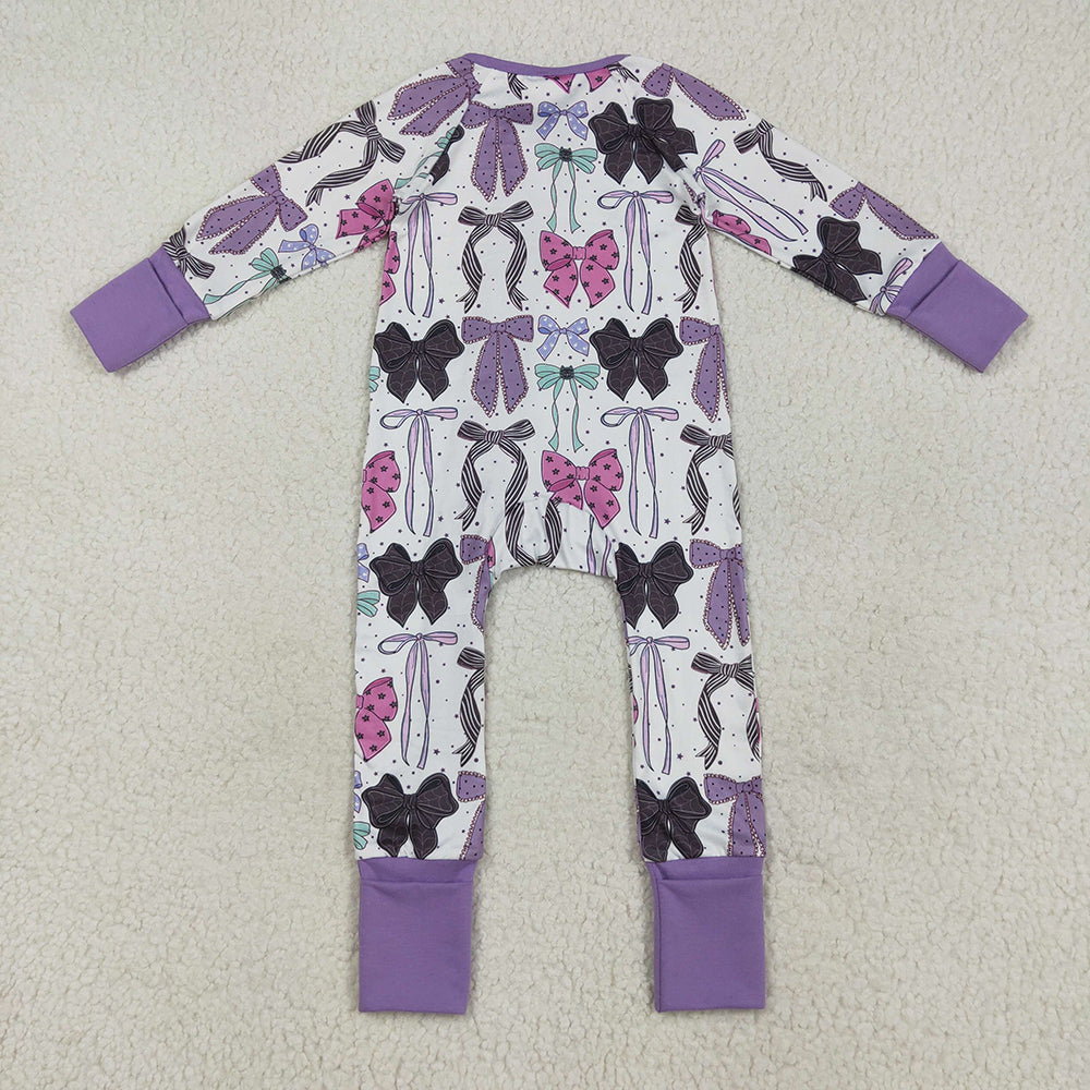LR2358  Bows Purple Baby Girls Halloween Zipper Sleeper Romper