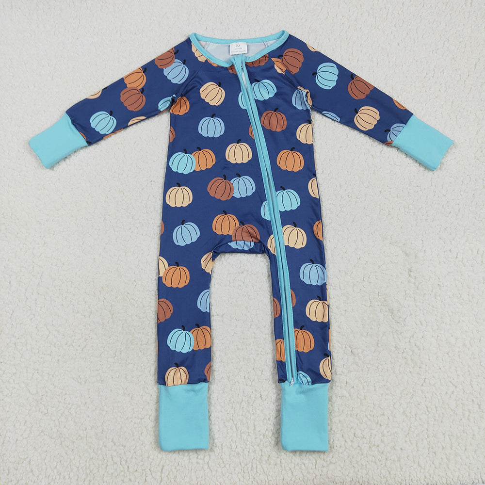 LR2364 Pumpkin Blue Print Baby Boys Fall Zipper Sleeper Romper