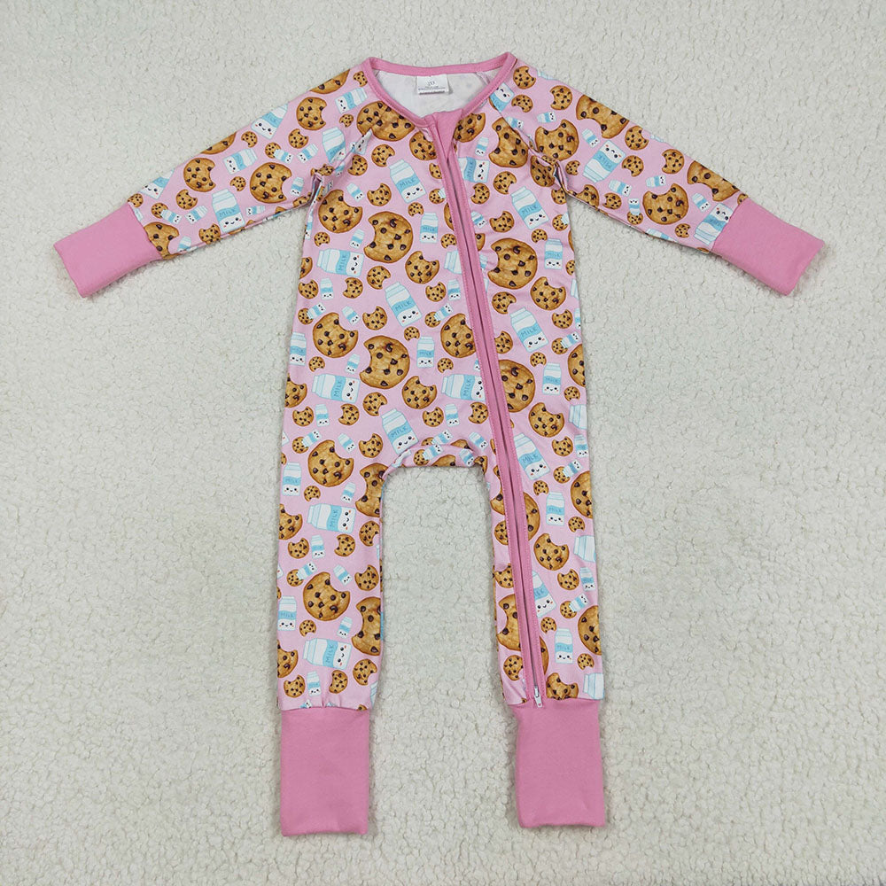 LR2398 Cookies Milk Pink Print Baby Girls Christmas Zipper Sleeper Romper