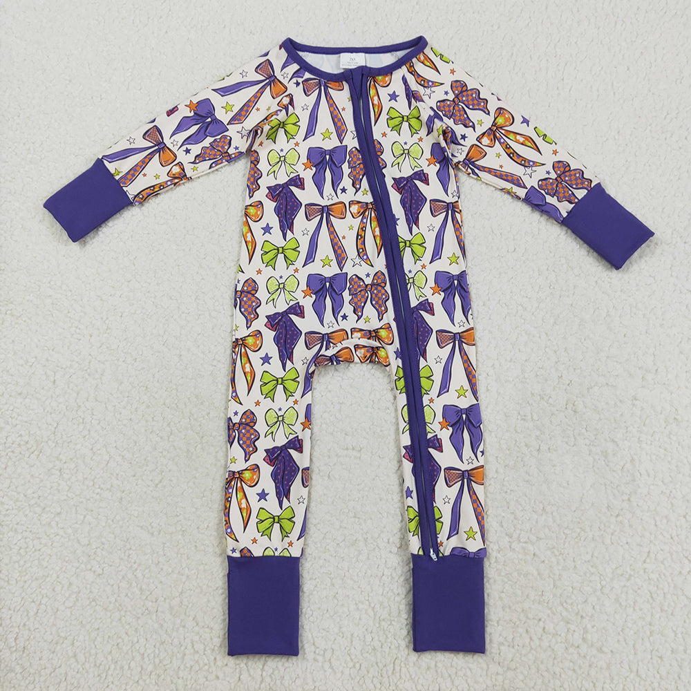LR2403  Bows Stars Purple Print Baby Girls Halloween Zipper Sleeper Romper