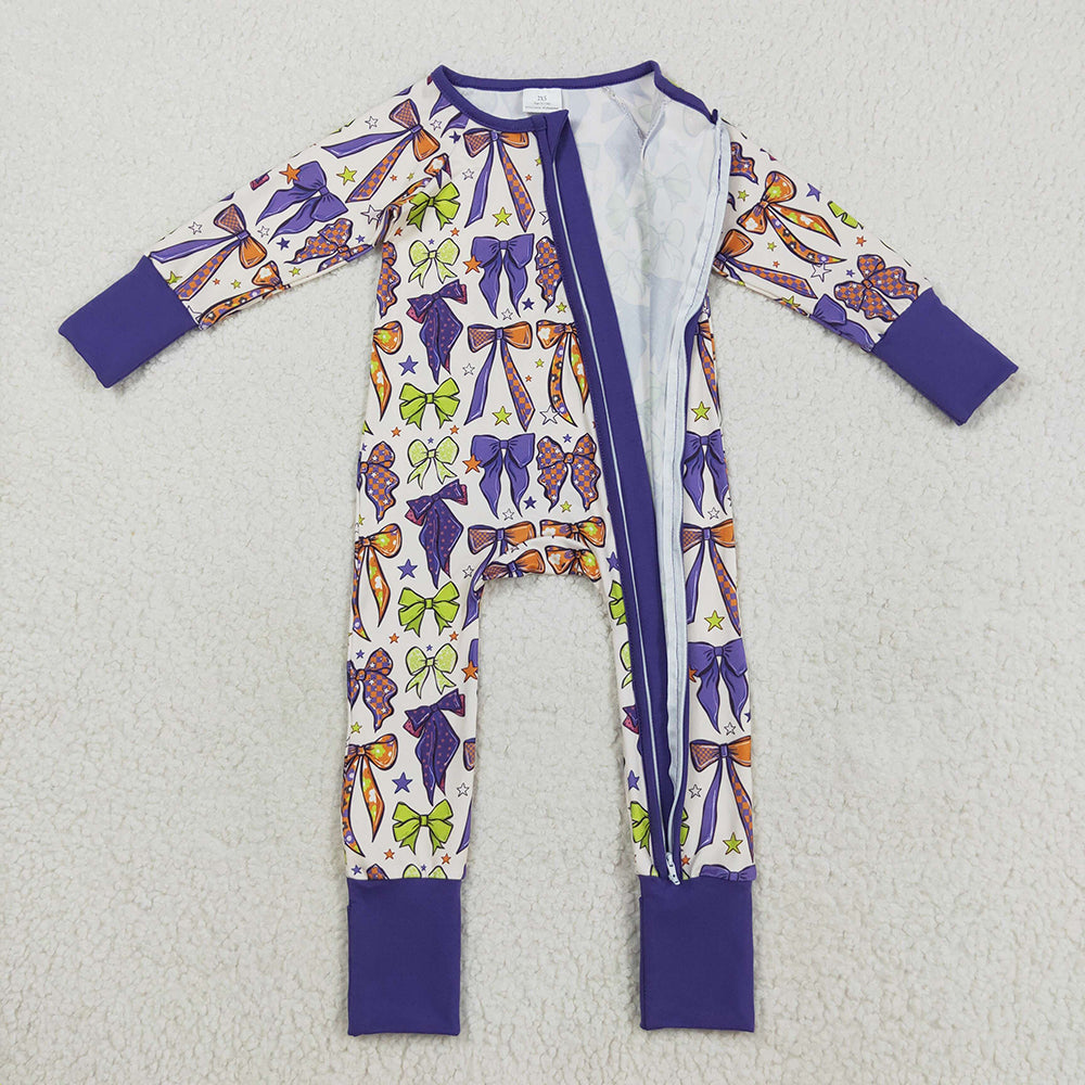 LR2403  Bows Stars Purple Print Baby Girls Halloween Zipper Sleeper Romper