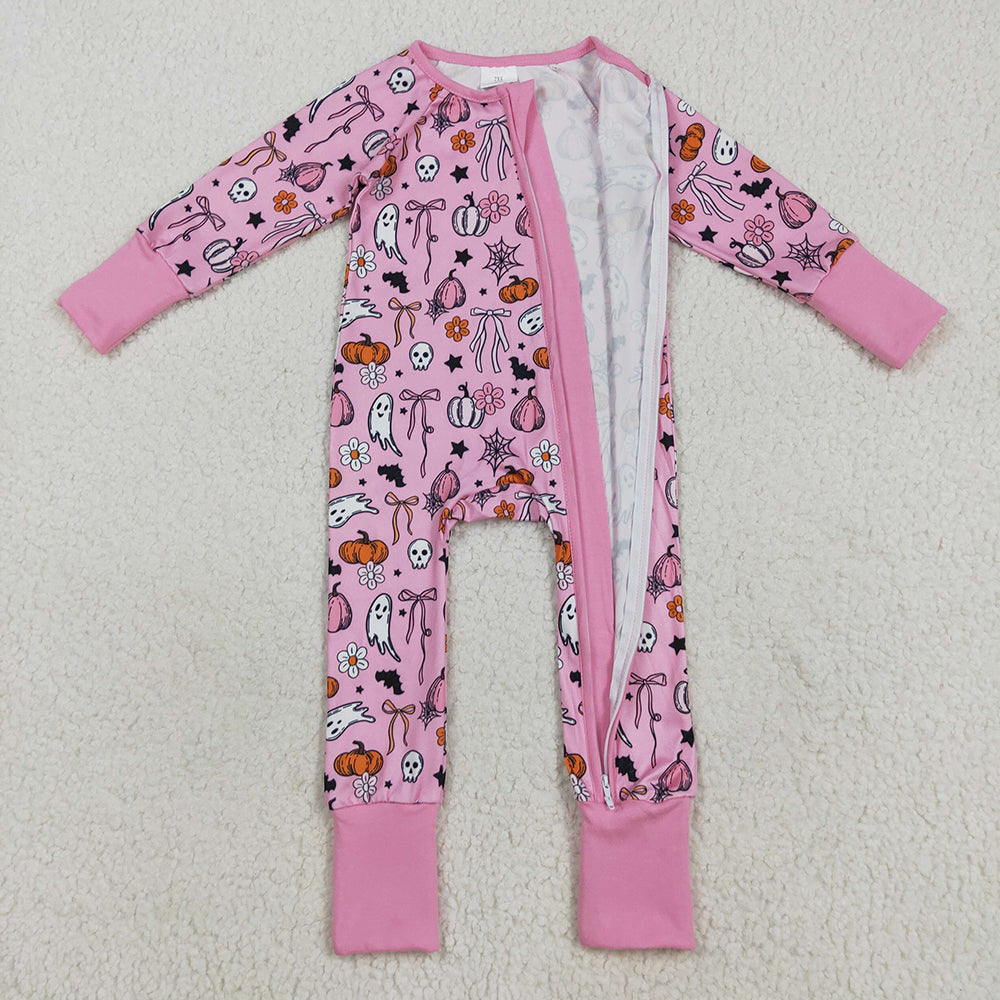 LR2405  Pumpkin Ghost Flowers Bows Pink Print Baby Girls Halloween Zipper Sleeper Romper