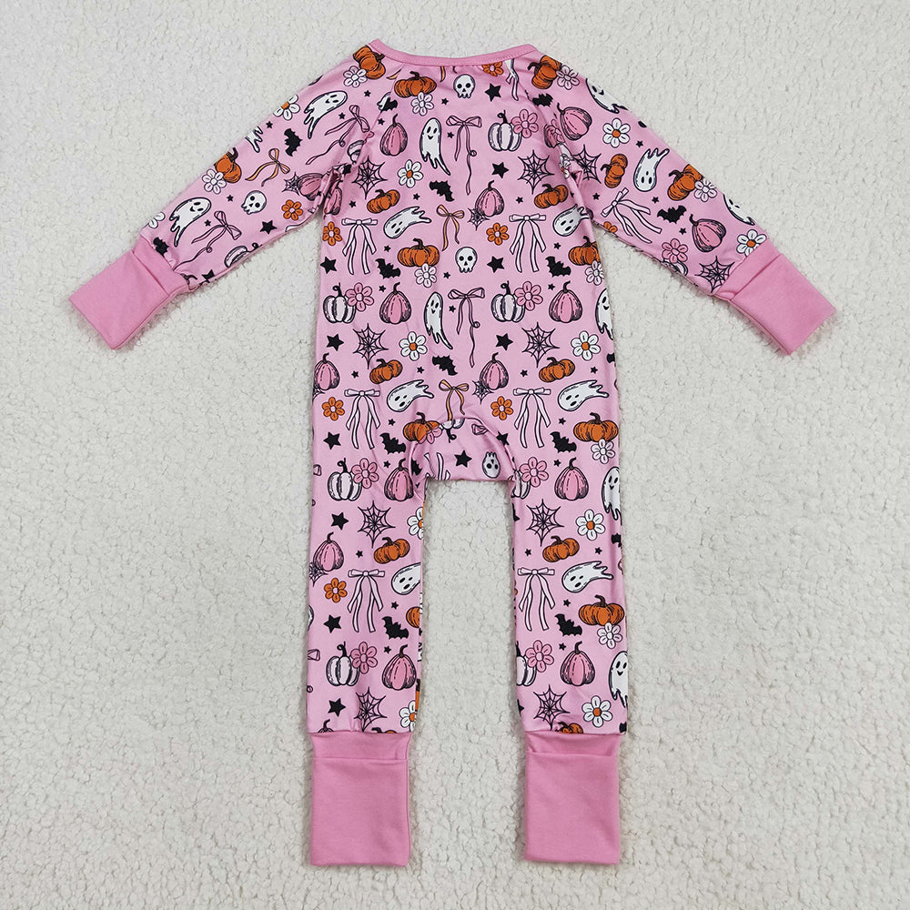 LR2405  Pumpkin Ghost Flowers Bows Pink Print Baby Girls Halloween Zipper Sleeper Romper
