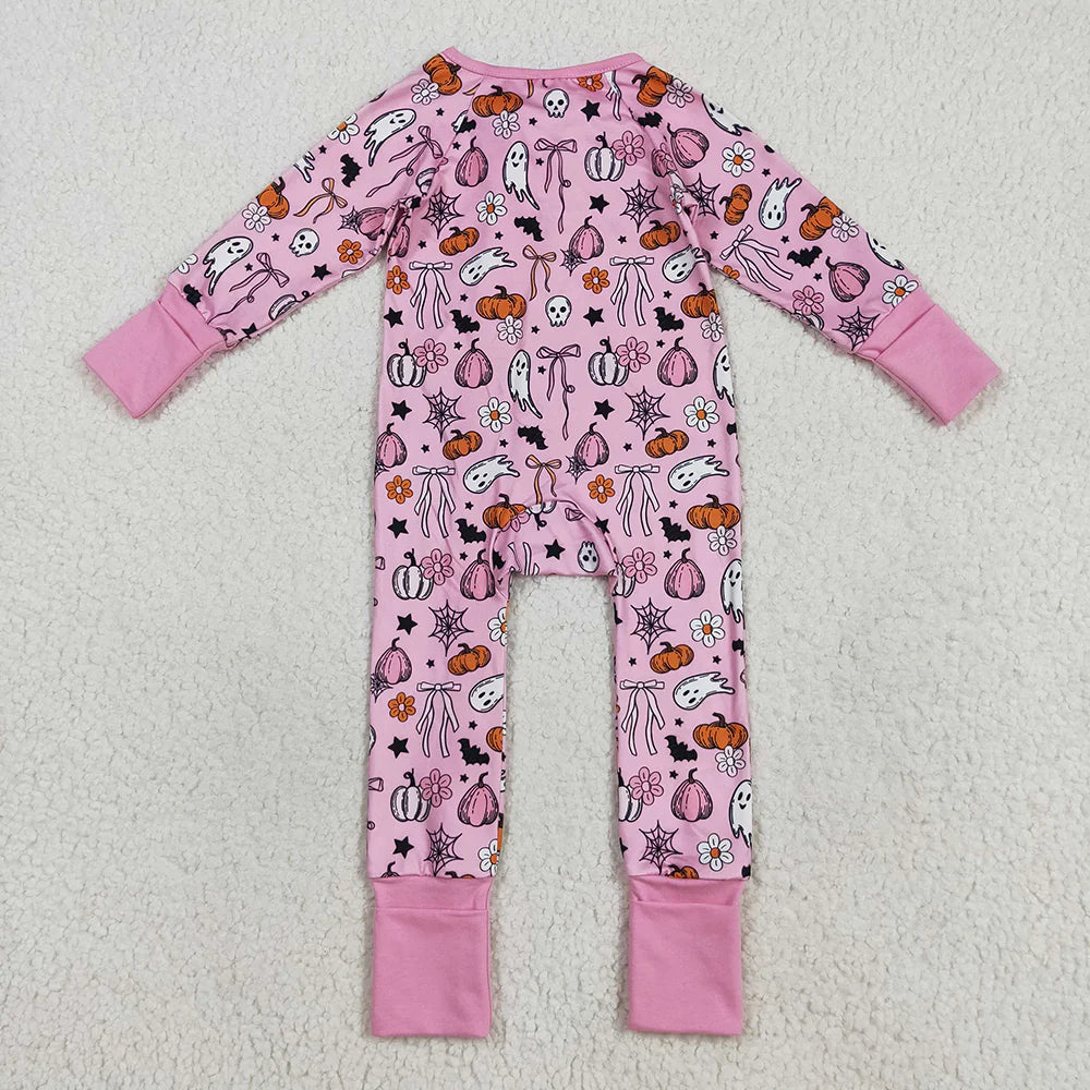 Sibling Baby Girls Pink Ghosts Pumpkins Halloween Rompers Pajamas Sets