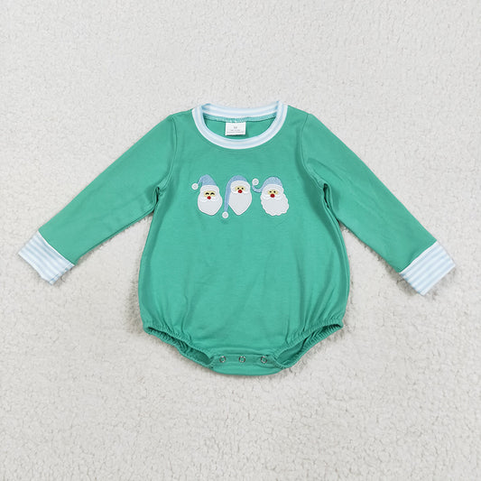 LR2412  Santa Embroidery Blue Checkered Baby Boys Christmas Romper