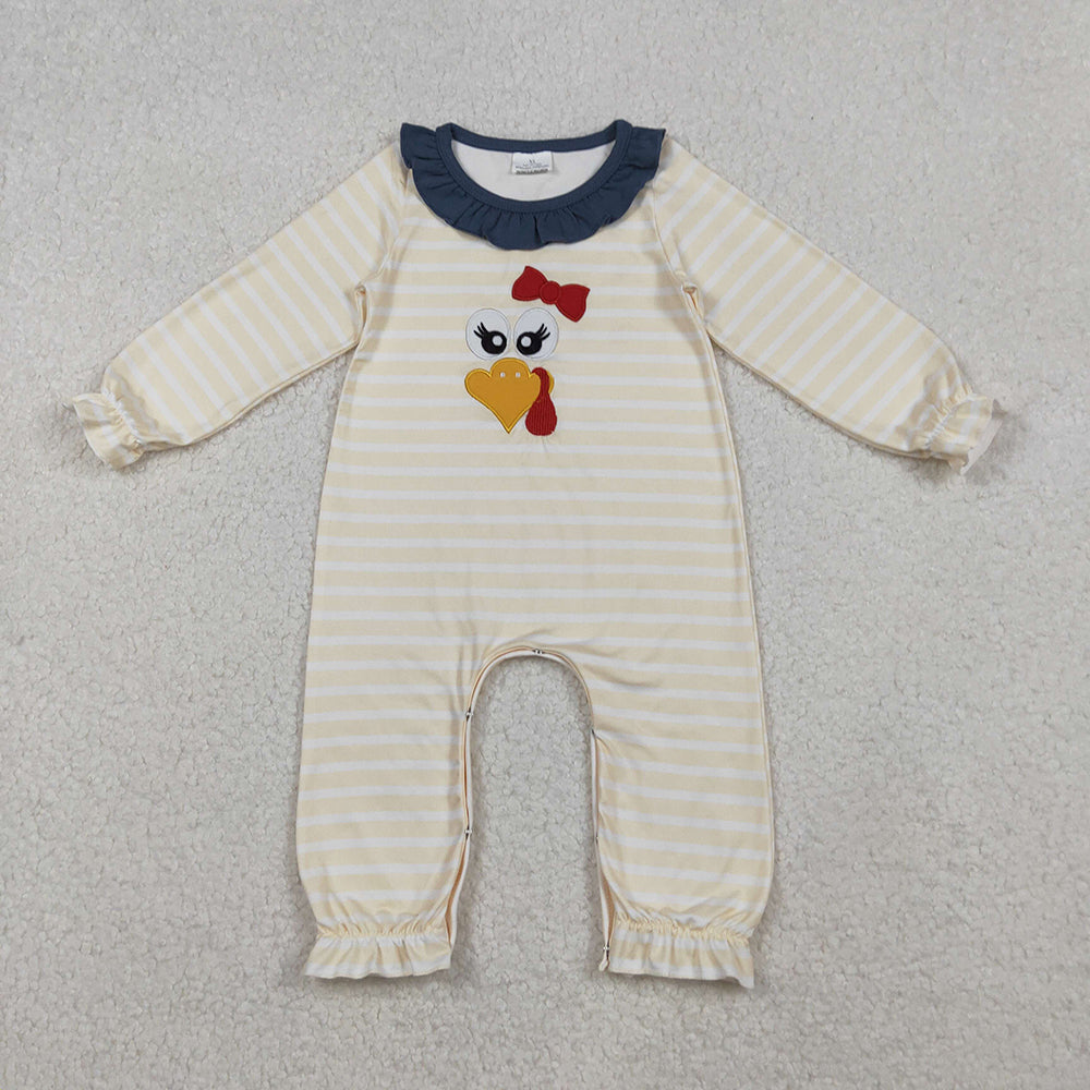 LR2424 Turkey Embroidery Stripes Baby Girls Thanksgiving Romper
