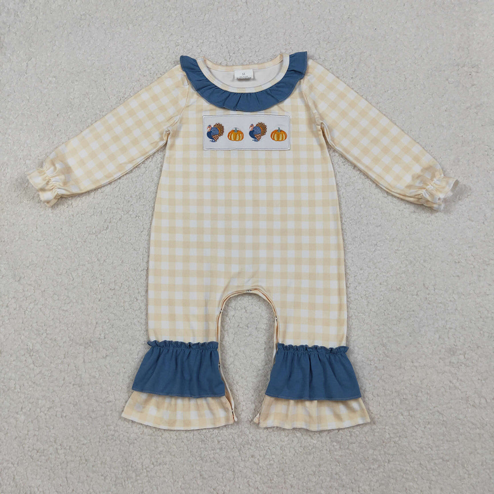 LR2438 Turkey Pumpkin Embroidery Checkered Baby Girls Thanksgiving Romper
