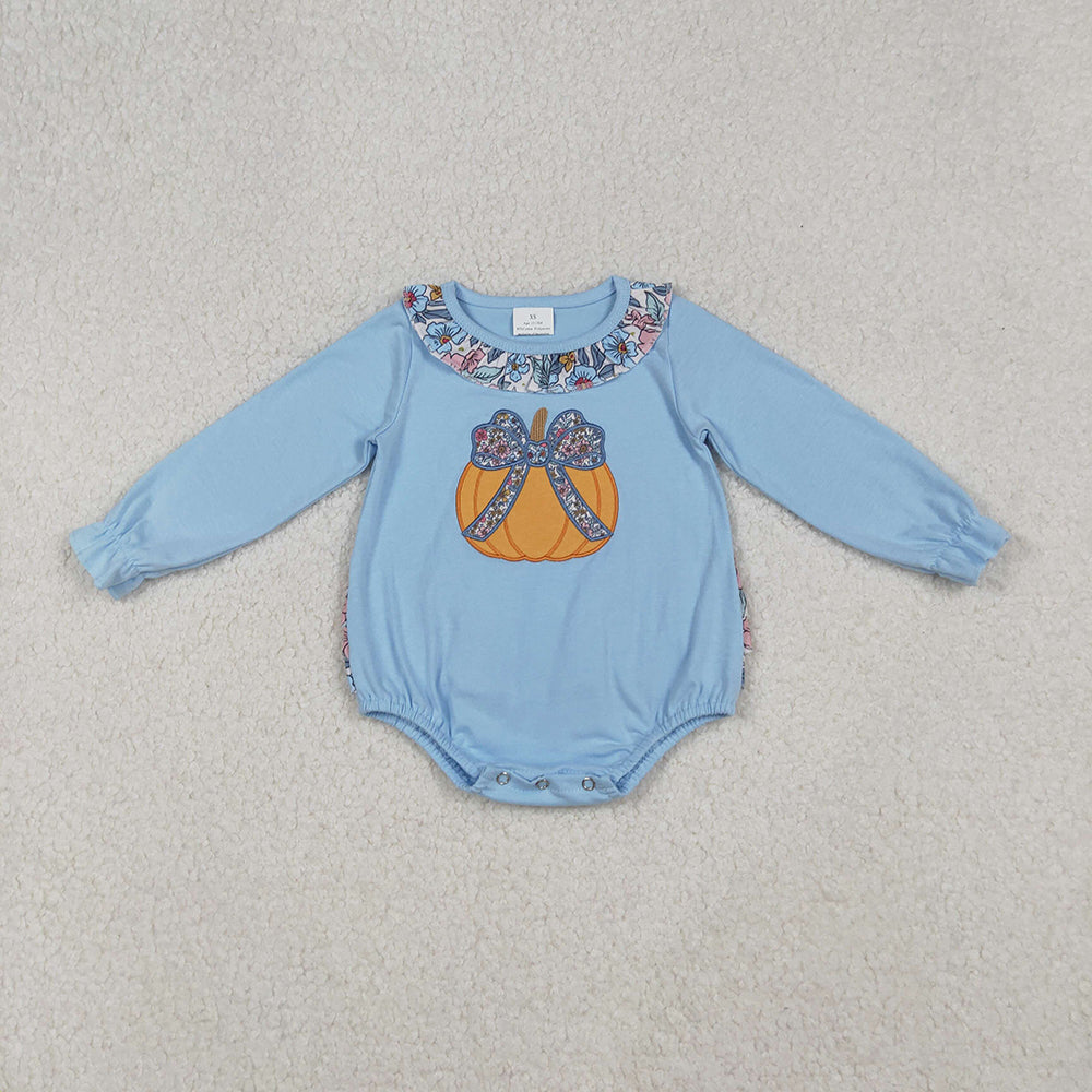 LR2441 Pumpkin Embroidery Blue Flowers Ruffles Baby Girls Fall Romper