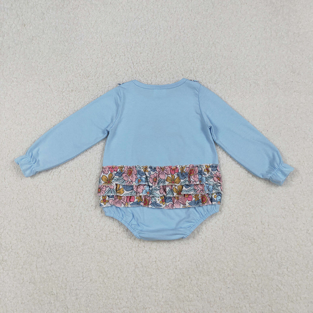 LR2441 Pumpkin Embroidery Blue Flowers Ruffles Baby Girls Fall Romper