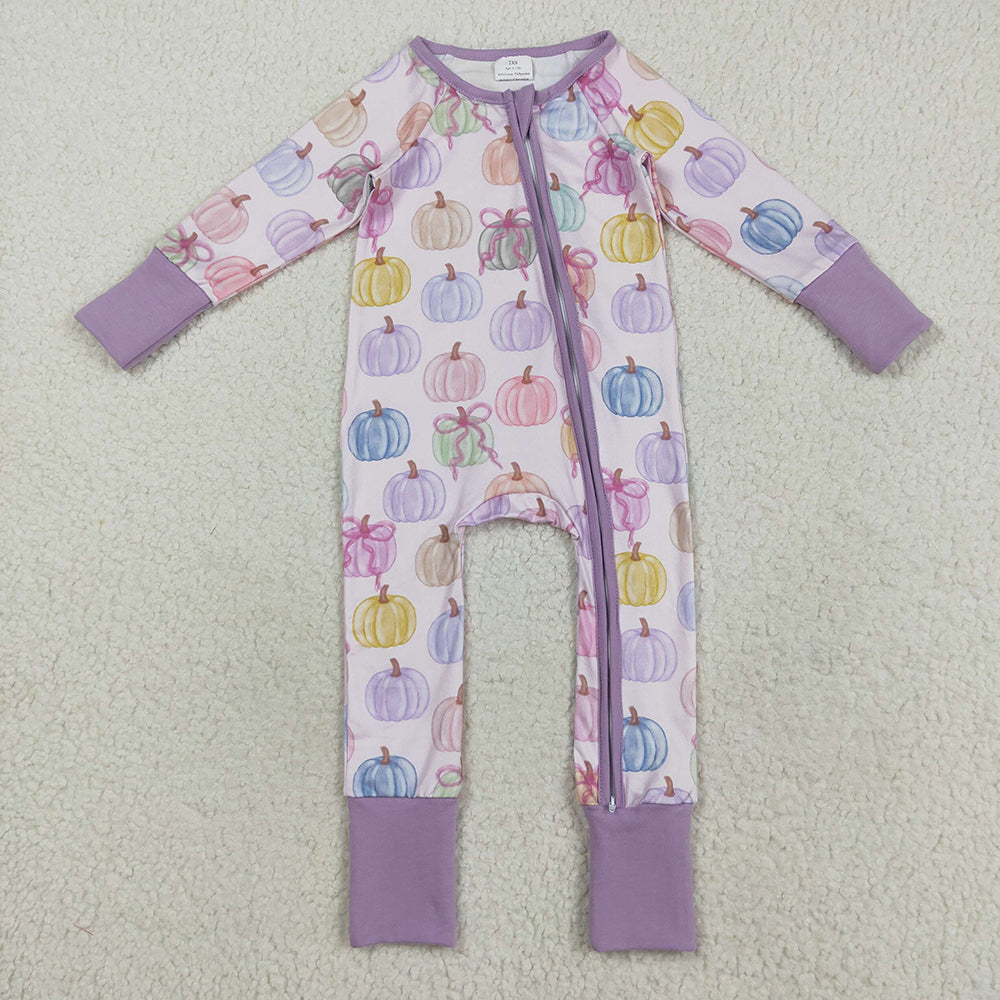 LR2442 Colorful Pumpkin Bows Print Baby Girls Fall Zipper Sleeper Romper