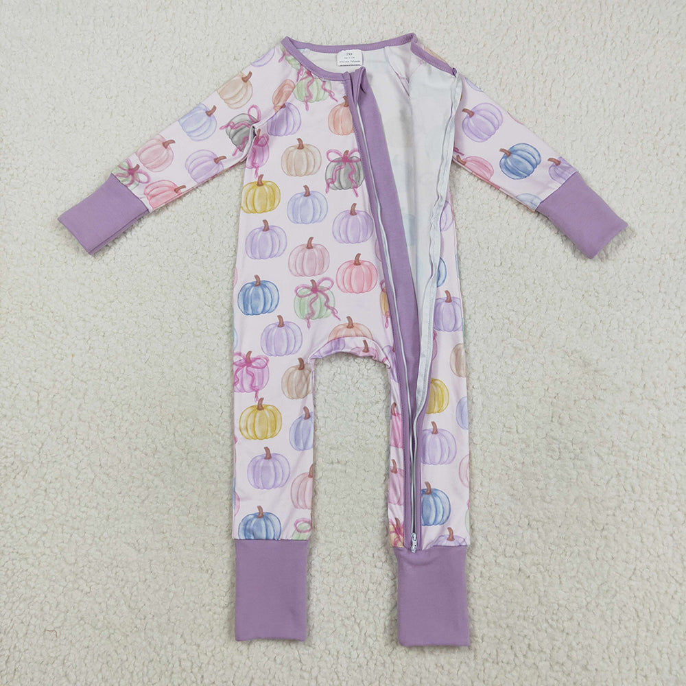 LR2442 Colorful Pumpkin Bows Print Baby Girls Fall Zipper Sleeper Romper