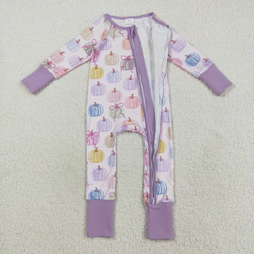 Sibling Baby Girls Purple Pumpkins Fall Pajamas Sets Ruffle Zipper Footie Rompers