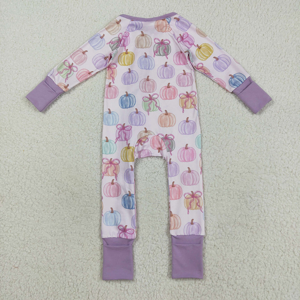 LR2442 Colorful Pumpkin Bows Print Baby Girls Fall Zipper Sleeper Romper