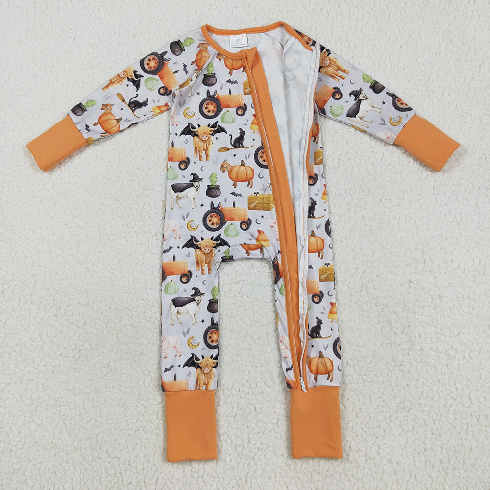 LR2444  Pumpkin Farm Animals Baby Boys Halloween Zipper Sleeper Romper