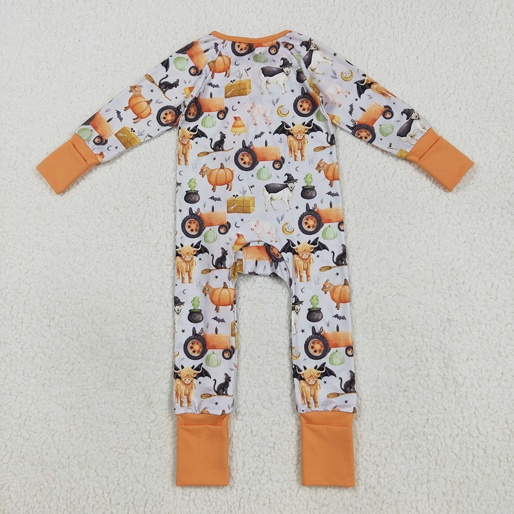 LR2444  Pumpkin Farm Animals Baby Boys Halloween Zipper Sleeper Romper