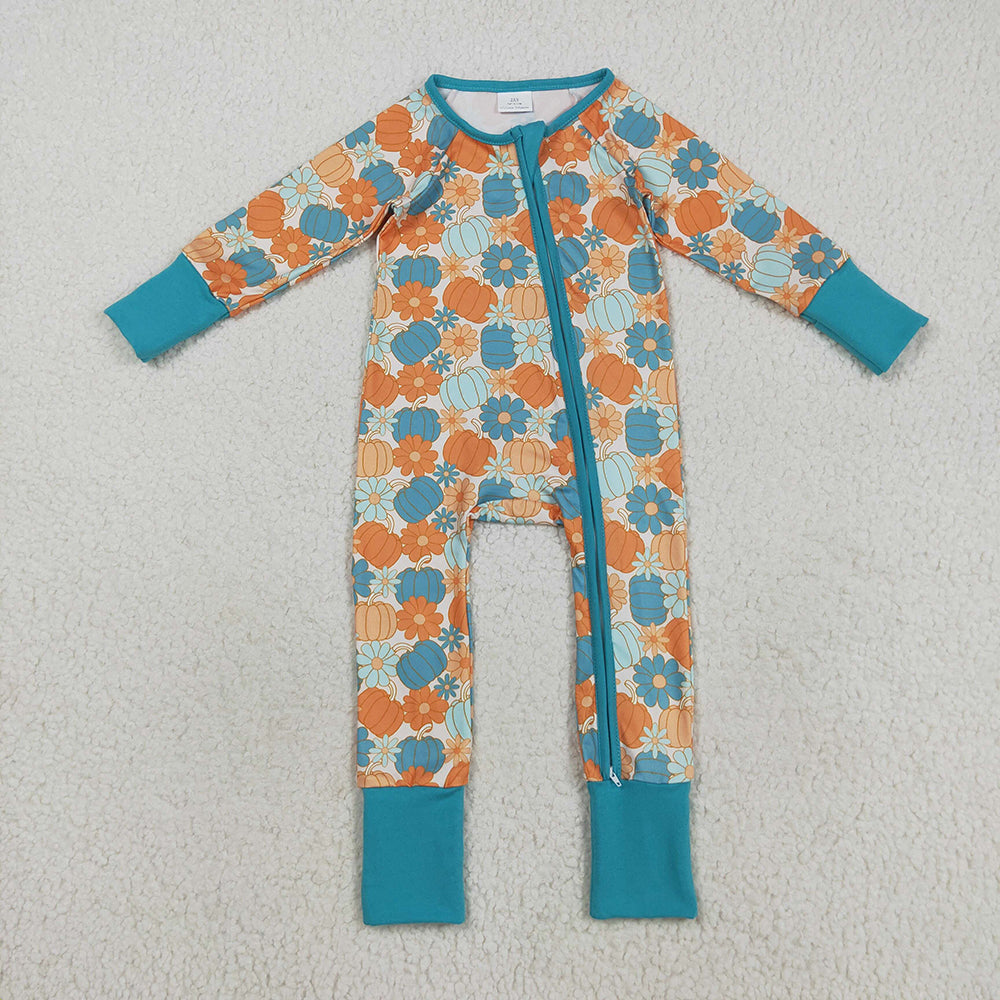 LR2461 Pumpkin Flowers Print Baby Girls Fall Zipper Sleeper Romper