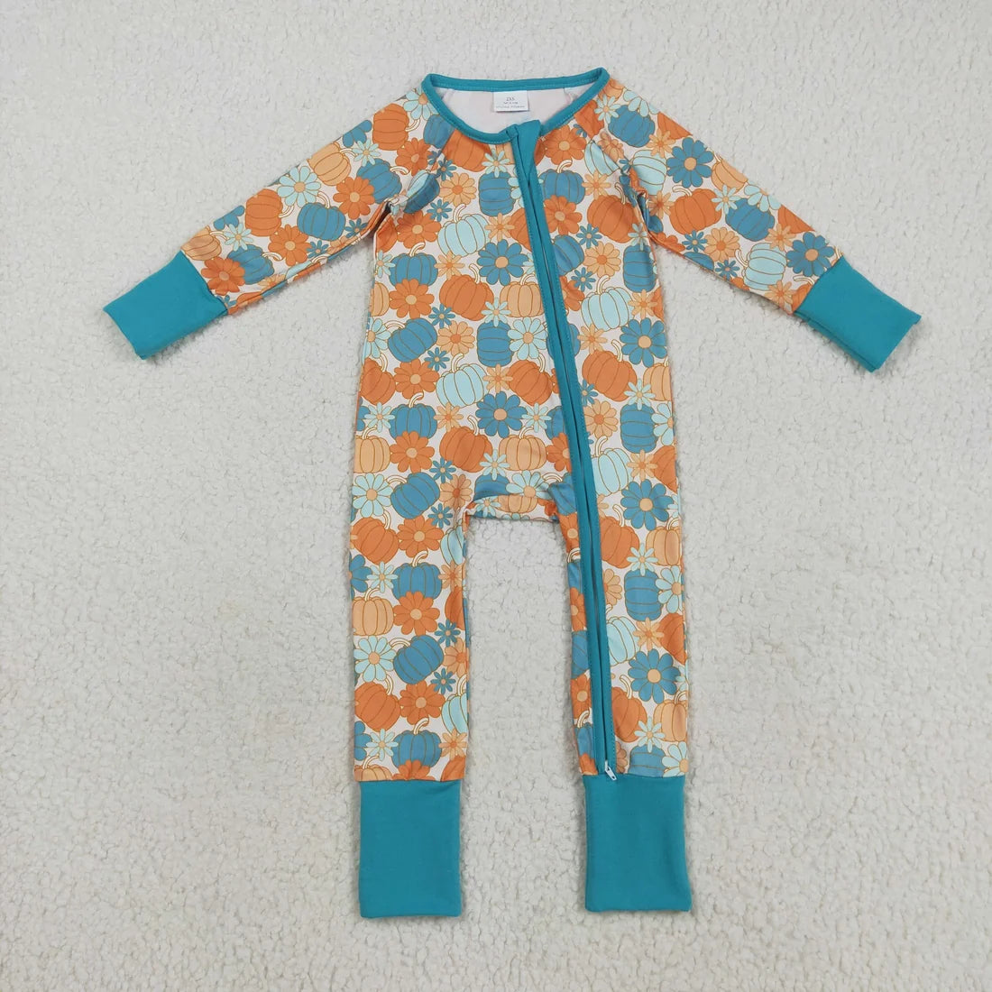 Sibling Baby  Colorful Flowers Pumpkins Fall Two Way Zip Convertible Rompers
