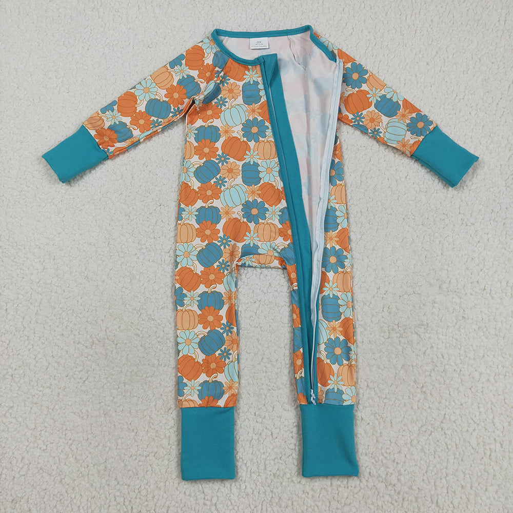 LR2461 Pumpkin Flowers Print Baby Girls Fall Zipper Sleeper Romper