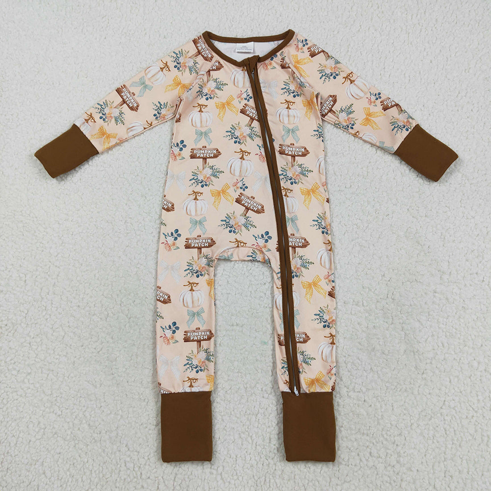 LR2462 Pumpkin Flowers Bows Print Baby Girls Fall Zipper Sleeper Romper