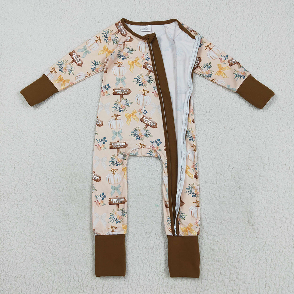 LR2462 Pumpkin Flowers Bows Print Baby Girls Fall Zipper Sleeper Romper