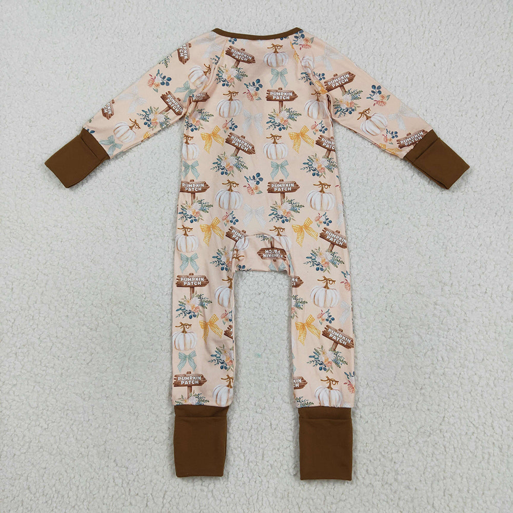 LR2462 Pumpkin Flowers Bows Print Baby Girls Fall Zipper Sleeper Romper