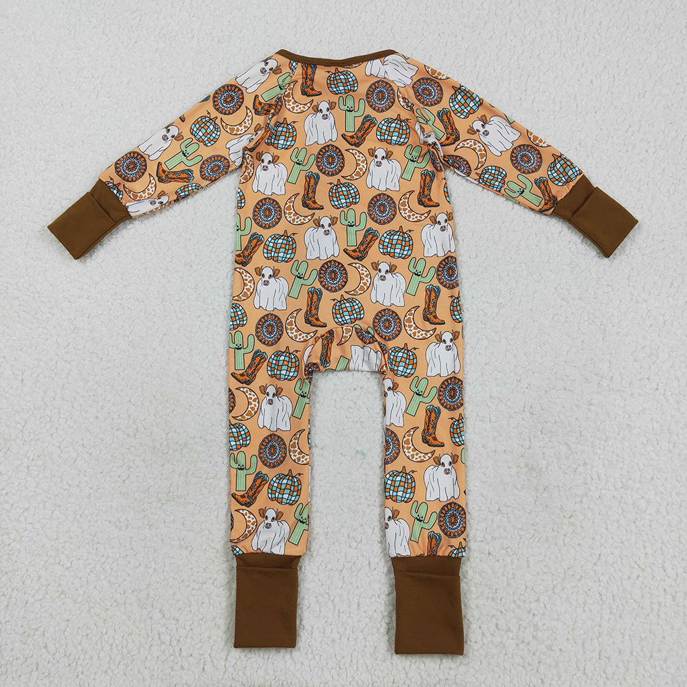 LR2463  Highland Cow Cactus Boots Print Baby Halloween Zipper Sleeper Romper
