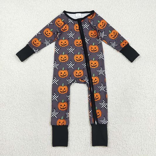 LR2464  Pumpkin Stars Print Baby Boys Halloween Zipper Sleeper Romper