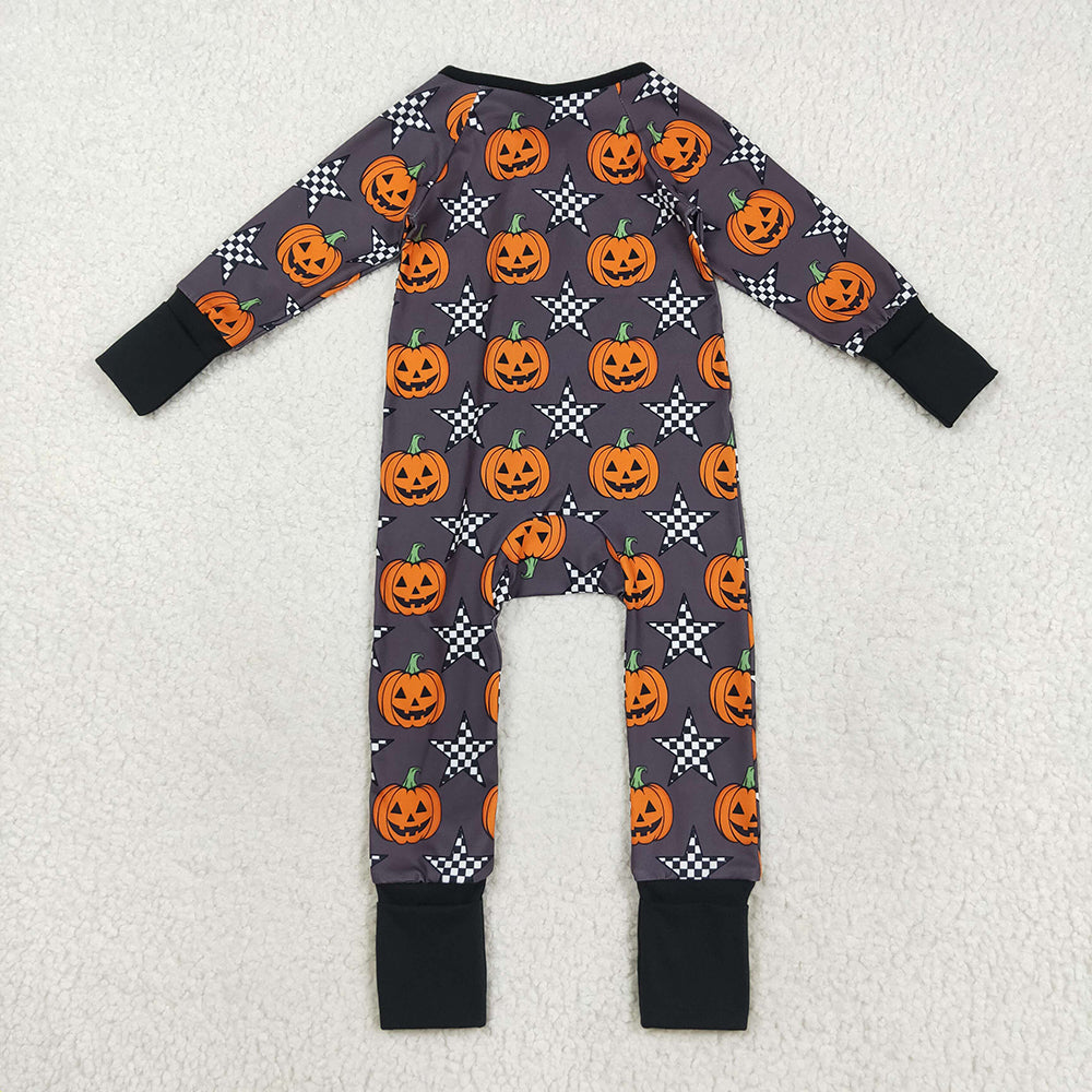 LR2464  Pumpkin Stars Print Baby Boys Halloween Zipper Sleeper Romper