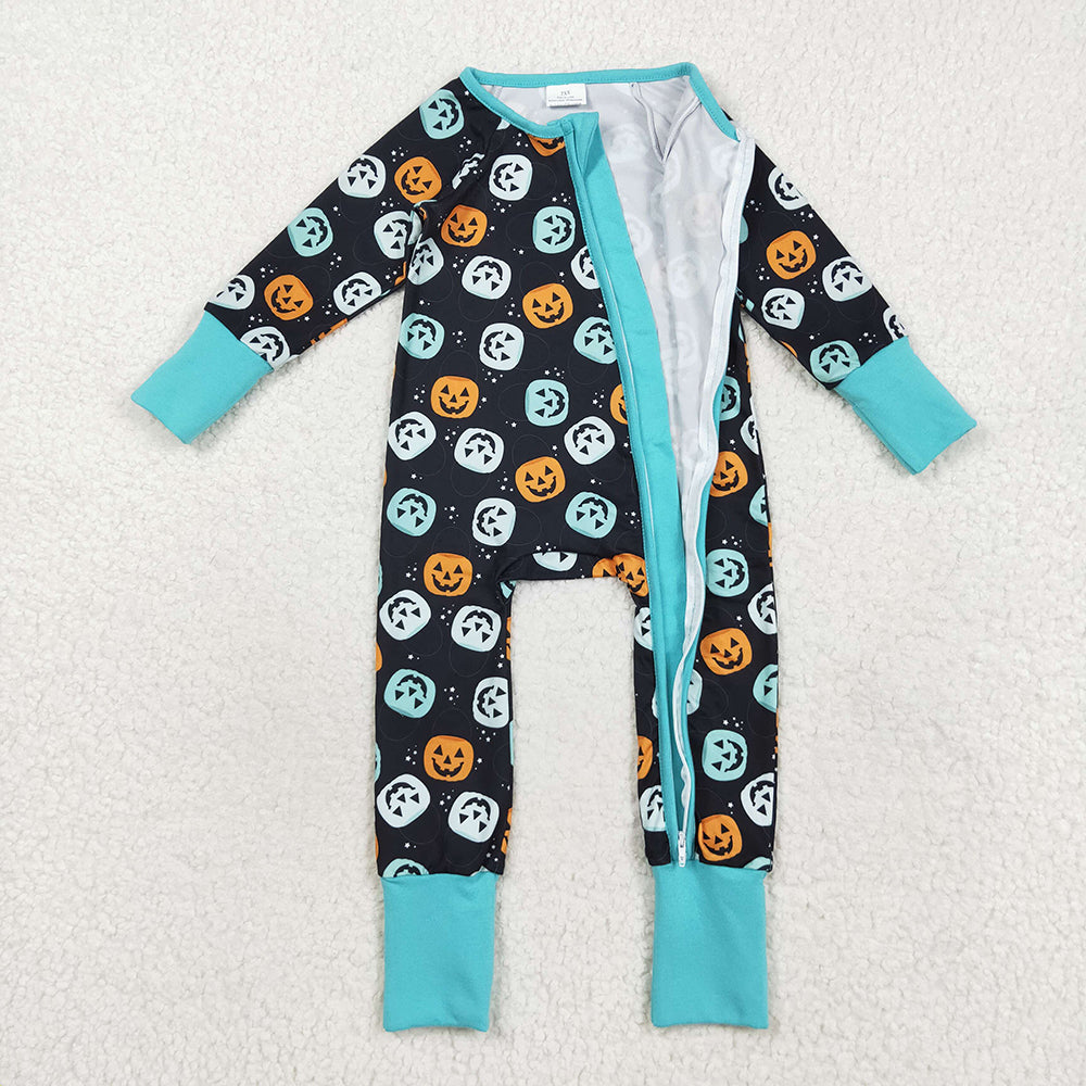 LR2465  Pumpkin Print Baby Boys Halloween Zipper Sleeper Romper
