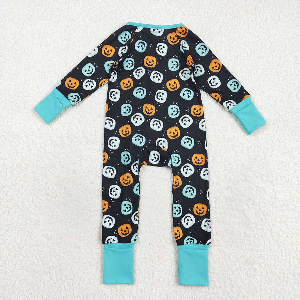 LR2465  Pumpkin Print Baby Boys Halloween Zipper Sleeper Romper