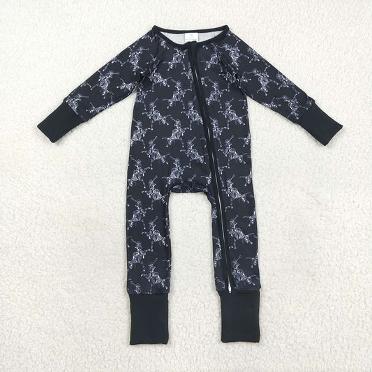 LR2466  Skull Black Print Baby Boys Halloween Zipper Sleeper Romper