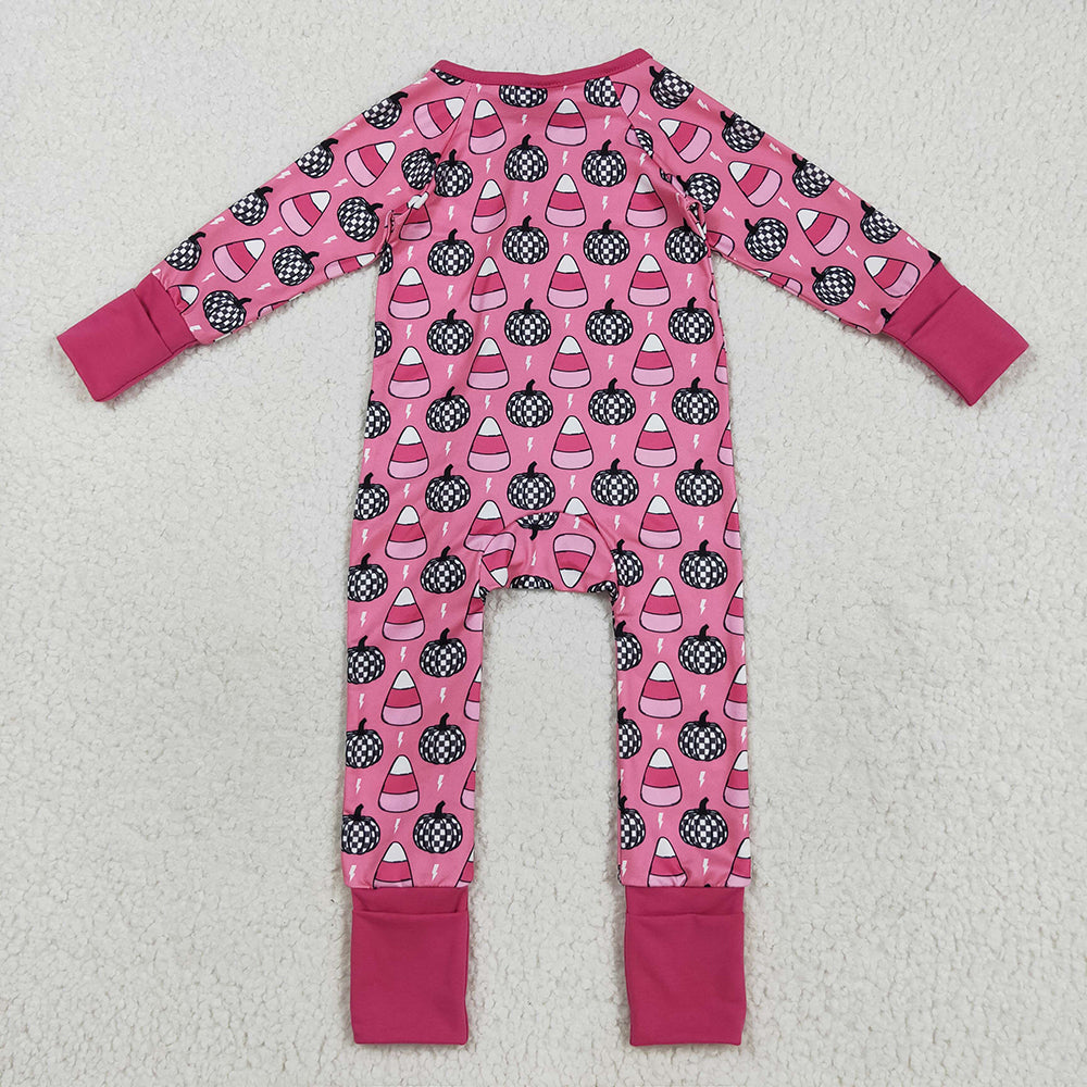 LR2467  Pumpkin Candy Pink Print Baby Girls Halloween Zipper Sleeper Romper