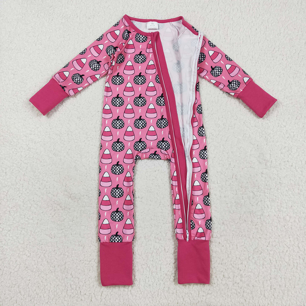 LR2467  Pumpkin Candy Pink Print Baby Girls Halloween Zipper Sleeper Romper