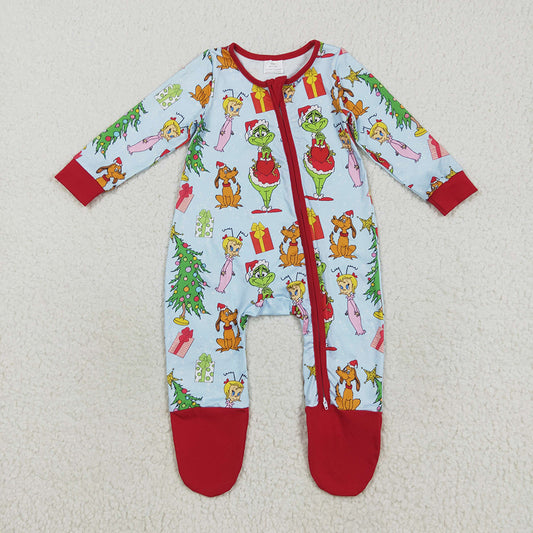 LR2478 Green Frog Print Baby Christmas Zipper Sleeper Footie Romper