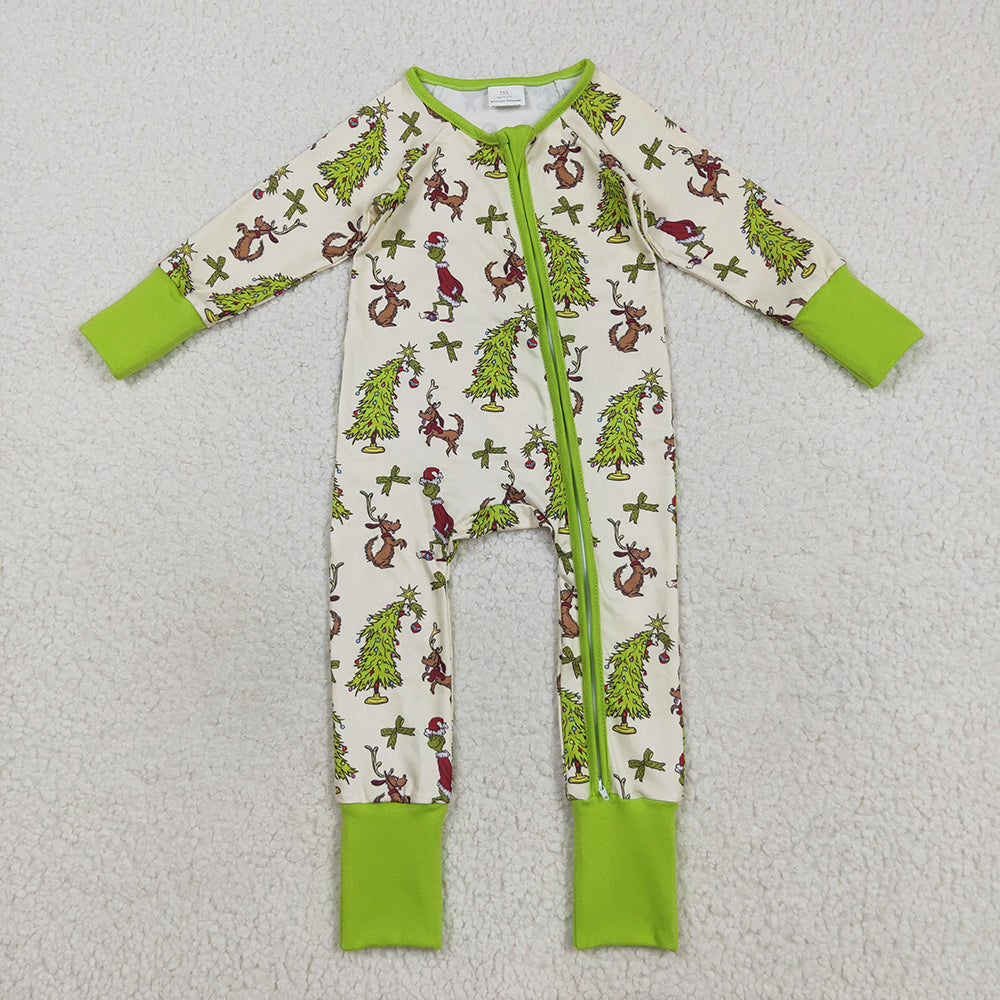 LR2481 Green Frog Tree Print Baby Christmas Zipper Sleeper Romper