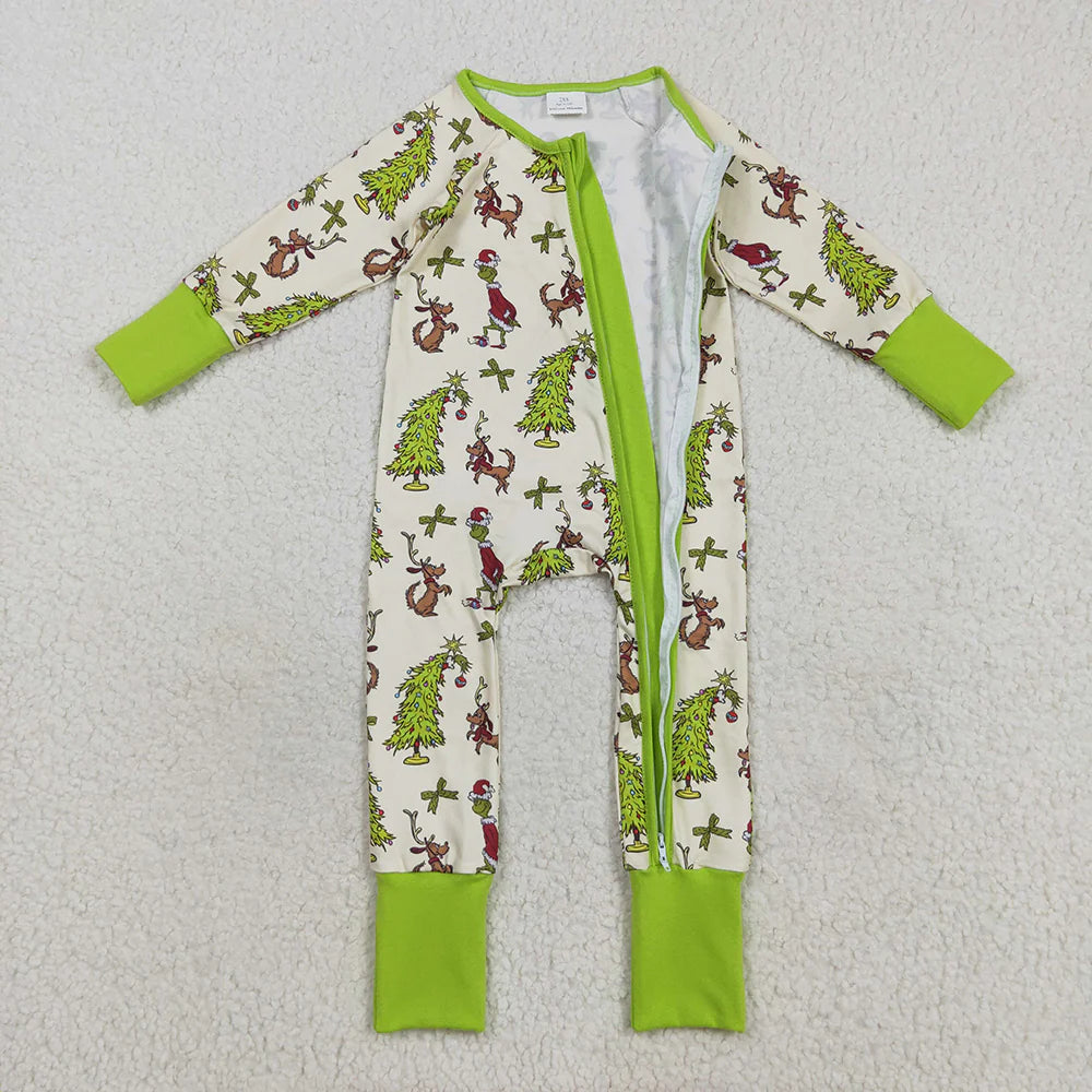 Sibling Baby Kids Green Face Christmas Trees Pajams Sets Zipper Footie Rompers