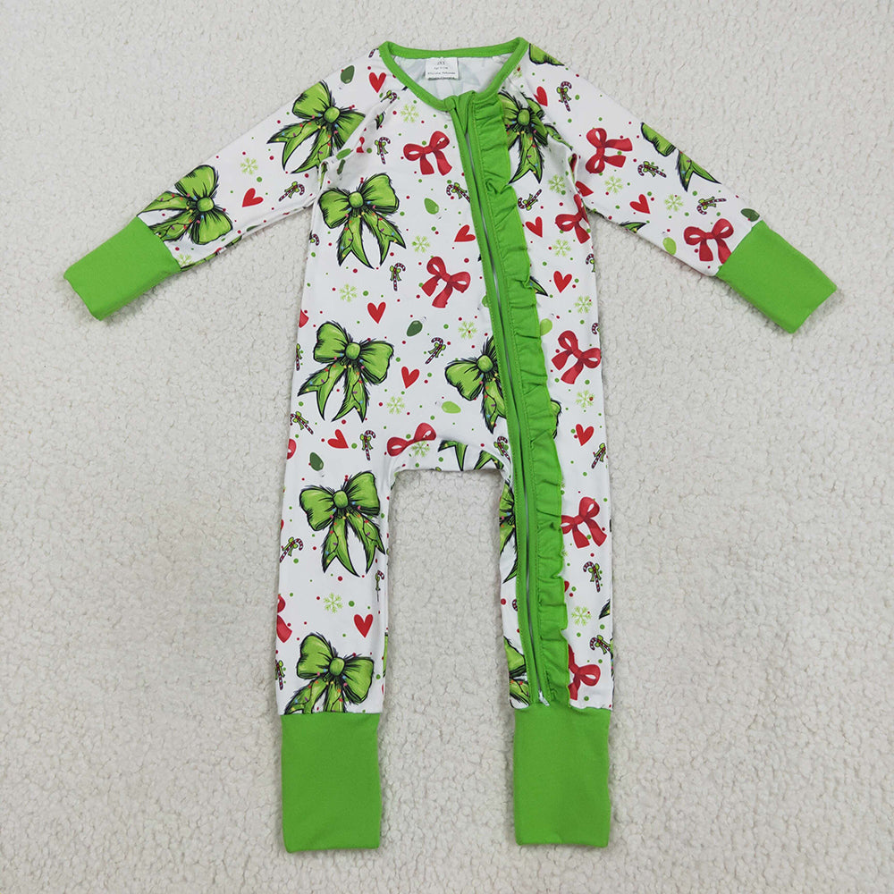 LR2482 Green Frog Bows Candy Cane Print Baby Girls Christmas Zipper Sleeper Romper