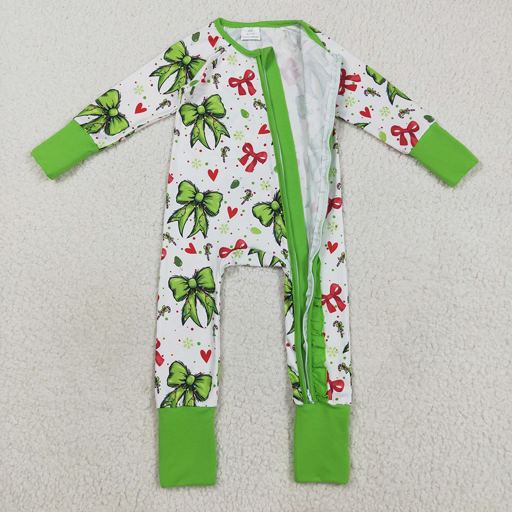 LR2482 Green Frog Bows Candy Cane Print Baby Girls Christmas Zipper Sleeper Romper