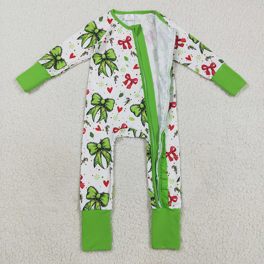 LR2482 Green Frog Bows Candy Cane Print Baby Girls Christmas Zipper Sleeper Romper